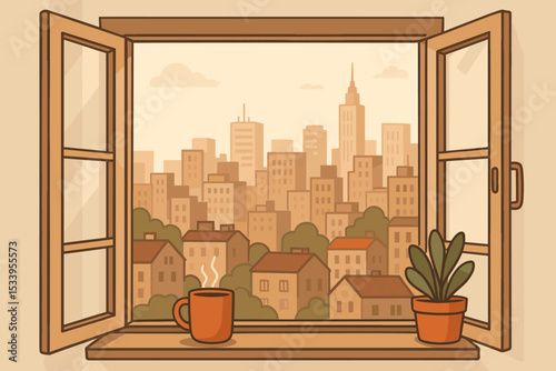 Cozy morning scene with a coffee cup on a windowsill overlooking an urban cityscape. Open window with a view of the city skyline. Home comfort and relaxation vector illustration.