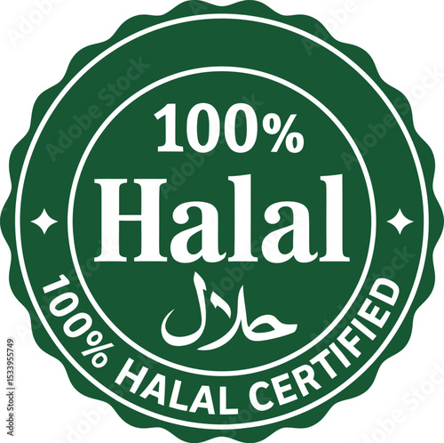 A close up of a green halal certified label with the words one hundred percent halal certified emblem