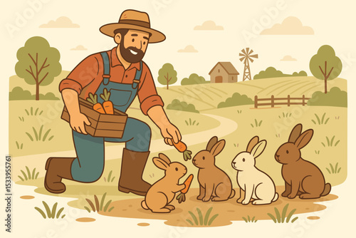Kind farmer man feeding cute rabbits fresh carrots from a basket. Vector illustration of agricultural life, animal care. Countryside landscape with a field, barn, and windmill.
