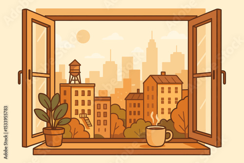 Cozy city morning concept with view from an open window. Urban skyline with buildings. Hot coffee cup and plant on windowsill. Peaceful lifestyle at home vector illustration.