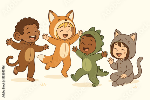 Group of diverse happy kids playing in animal onesie costumes. Cute multiethnic children in kigurumi pajamas celebrating. Friends together in monkey, fox, dinosaur, cat outfits.