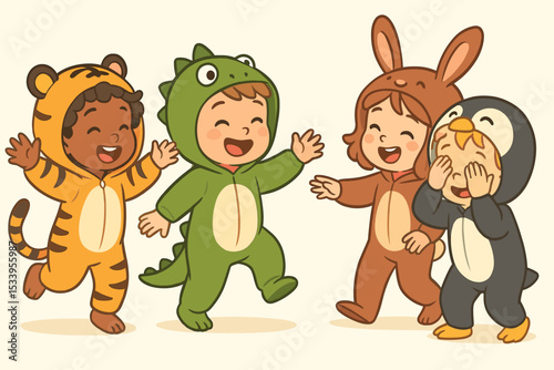 Group of cute diverse children playing in animal onesies. Happy kids in tiger, dinosaur, rabbit, and penguin costumes having fun together. Pajama party concept. Cartoon vector illustration.