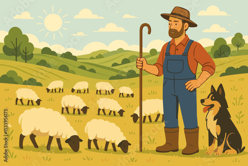 Shepherd farmer with his loyal dog and crook tending to a flock of sheep. Animals grazing on a green pasture in a sunny rural landscape. Concept for agriculture, livestock, and pastoralism.