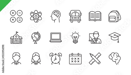 School icon set. Study / Knowledge / Science / Education / University icons collection. Backpack, student, bus, teacher, book. Signs for projects, apps, banners. Editable stroke. Vector illustration.