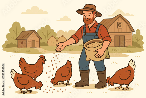 Friendly farmer feeding free-range chickens grain from a sack. Rural farm scene with a barn. Vector illustration concept for agriculture, poultry farming, and country life.