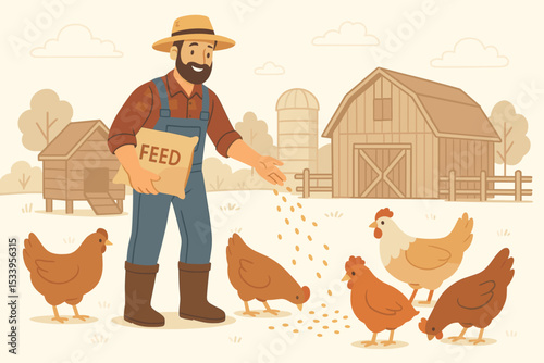 Farmer feeding chickens on a farm with a barn and silo. Male character working in agriculture with poultry. Rural countryside scene. Vector illustration of farm life concept.