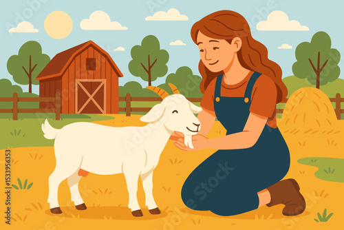 Young farmer woman caring for a goat on a sunny farm. Rural landscape with a red barn. Vector concept of agriculture, animal husbandry, livestock care, and countryside lifestyle.