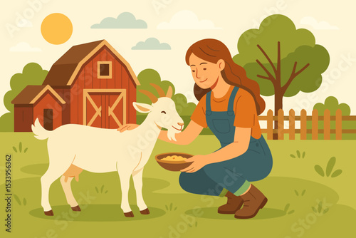 Kind young woman farmer feeding a domestic goat from a bowl in a farmyard. Summer agriculture scene with red barn. Concept of animal husbandry, livestock care, and rural life.