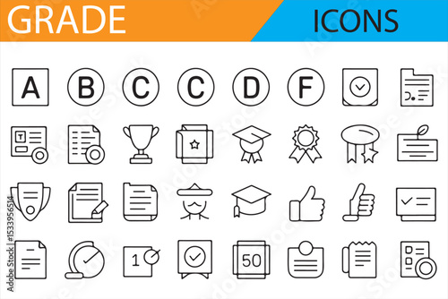 Set of Educational Icons Representing Grades, Performance, and Achievements