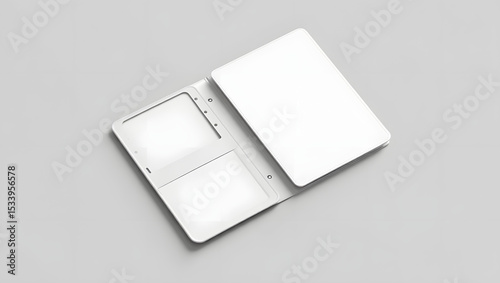 A pristine white photo album lies open, displaying blank pages and card slots, isolated on white background