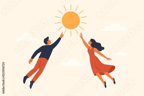 Man and woman flying in sky reaching for sun. Dream chasing couple concept. Metaphor for ambition, success, shared goals, teamwork, partnership, freedom and bright future.