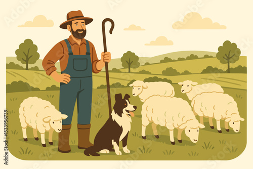 Bearded farmer shepherd with his border collie dog watching a flock of sheep. Pastoral countryside landscape with green fields. Agriculture, animal husbandry, livestock concept.