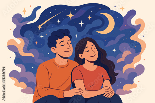 Couple in love dreaming together. Man and woman sharing a fantasy night sky full of stars and moon. Concept of imagination, romance, relationship, and serenity. Vector illustration.