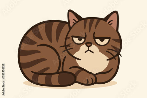 Skeptical grumpy cat cartoon character illustration. Funny annoyed brown tabby kitty with a cynical expression. Unimpressed pet animal meme concept vector. Mad feline emotion.