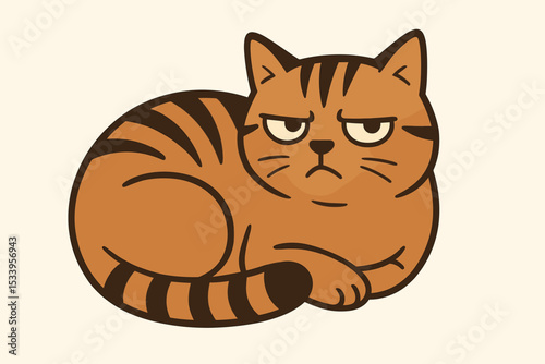 Funny grumpy skeptical tabby cat character with an annoyed expression. Cute cartoon pet animal illustration. Suspicious, judgmental, unimpressed feline meme. Vector graphic.