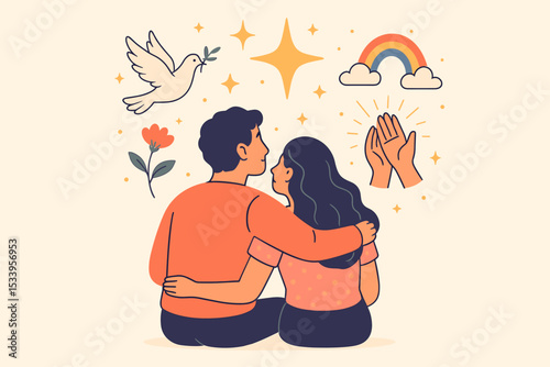 Romantic couple embracing, surrounded by symbols of hope, peace, and miracles. Vector illustration of love, support, and gratitude with a dove, rainbow, and clapping hands.