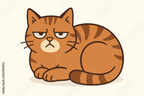 Skeptical cat cartoon illustration. Grumpy ginger tabby with a funny unimpressed face. Concept for bad mood, sarcasm, annoyance, and memes. Cute bored animal pet character.