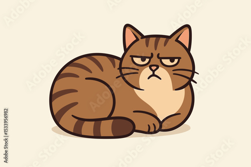 Grumpy cat cartoon vector illustration. Funny skeptical tabby with a cynical, judgmental expression. Annoyed, bored, and displeased feline character. Cute pet animal mascot for memes.