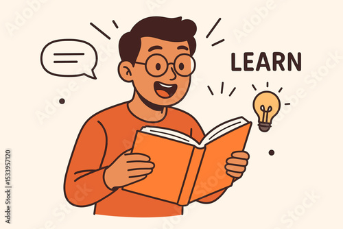Learn concept with a cartoon character reading a book. An excited student with glasses gets a new idea. Light bulb symbol for education, knowledge, inspiration, and e-learning.