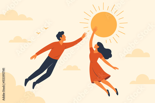 Couple flying together in the sky, reaching for the sun. Metaphor for partnership, achieving goals, success, and dreams. Inspirational vector of hope, ambition and freedom.