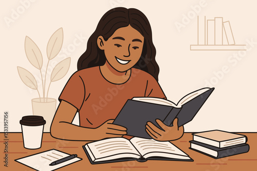 Young woman studying at home, happy student reading book at desk. Concept of education, learning, literature, and knowledge. Preparing for university exam. Flat vector illustration.
