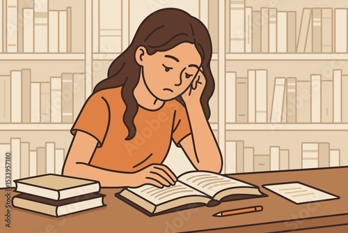 Tired student girl studying in library for exam. Stressed woman reading book feeling fatigue. Concept of education pressure, mental health, burnout, and learning difficulty.
