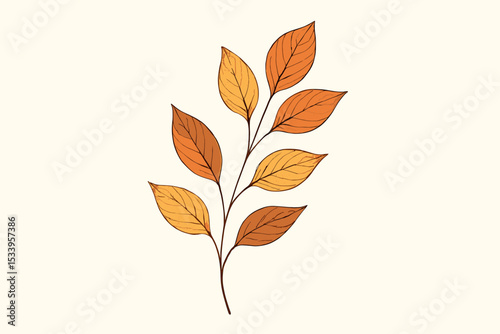 Elegant autumn branch with orange and yellow leaves vector illustration. Botanical line art of a seasonal twig. Fall foliage design element isolated on a light background.