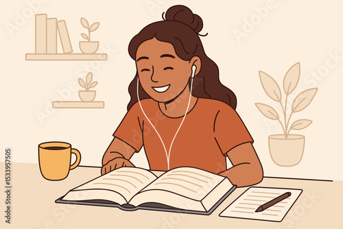 Happy student listening to music, preparing for exams. Young woman at desk reading a book and writing notes. Concept of e-learning, self-education, knowledge, and homework.