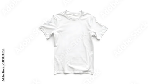 A pristine white cotton tshirt, subtly rumpled, lies isolated on white background