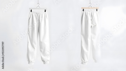 A pair of crisp white sweatpants hangs on a wooden hanger, isolated on white background, showcasing a clean and minimalist aesthetic