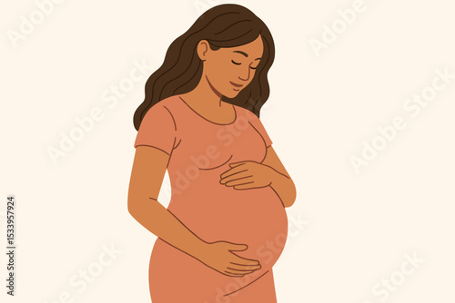 Happy pregnant woman lovingly holds her belly. Beautiful expectant mother illustration. Concept of motherhood, maternity, pregnancy, prenatal care. Mother-to-be caressing baby bump.