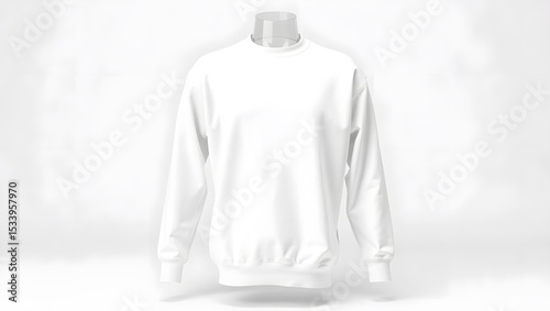 A pristine white crewneck sweatshirt, hanging on an invisible mannequin, isolated on white background