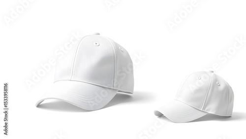 Two pristine white baseball caps, one larger than the other, sit isolated on white background, showcasing their simple, clean design