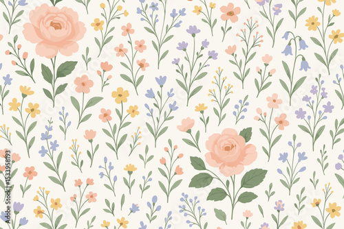 Romantic seamless floral pattern with delicate watercolor roses and pastel wildflowers. Vintage botanical garden background. Hand-drawn vector illustration for spring textile print.