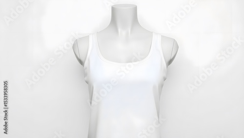 A pristine white tank top, displayed on a headless mannequin, is isolated on white background