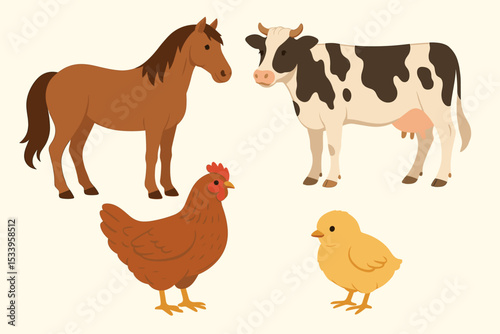 Vector set of cute cartoon farm animals. Horse, cow, chicken, and baby chick characters collection. Domestic agriculture livestock illustration isolated for educational kid's design.