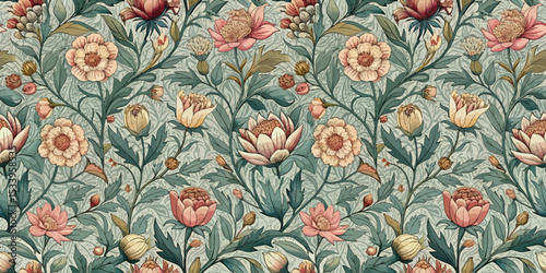 Beautiful floral pattern featuring soft pink and cream flowers on a teal background.
