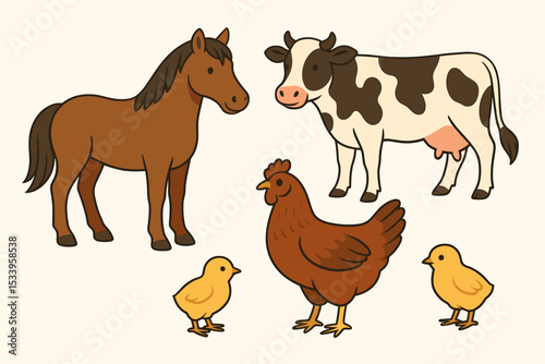 Farm animals vector set. Cute cartoon characters collection. Horse, cow, chicken, hen, and chicks illustration isolated on a light background. Domestic livestock for kids design.