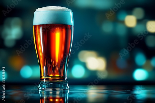 Refreshing pint of golden ale with a thick foamy head against bokeh backdrop