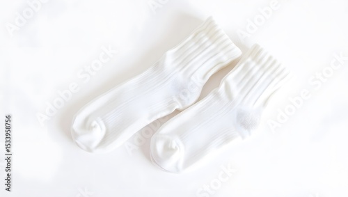 A pair of pristine white cotton socks, ribbed and neatly folded, isolated on white background
