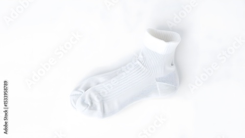 A pristine white ankle sock, ribbed and subtly textured, lies isolated on white background