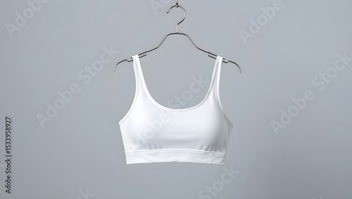 A pristine white sports bra hangs delicately from a silver hanger against a muted gray backdrop