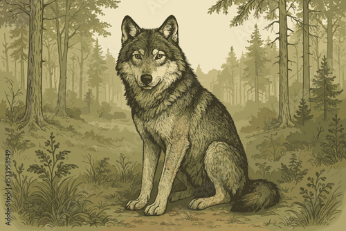 Grey wolf sitting in a forest illustration. Realistic hand-drawn wild animal portrait. Vintage style canine predator in a woodland wilderness. Canis lupus in natural habitat.