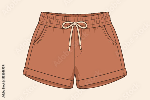 Modern summer shorts vector illustration. Casual loungewear or sweatshorts with drawstring and pockets. Isolated fashion apparel garment. Brown color clothing design technical sketch.