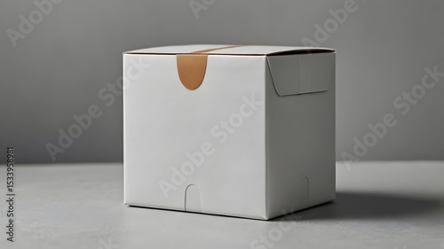 A simple white cardboard box with a small brown accent sits on a gray surface