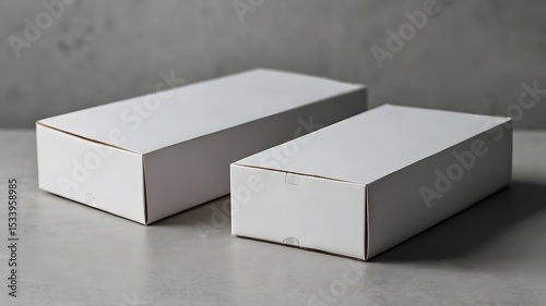 Two pristine white rectangular boxes rest on a neutral gray surface, subtly illuminated, suggesting a minimalist product display