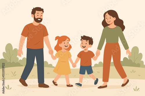 Happy family walking together holding hands in the park. Mother, father, son, and daughter spending quality time outdoors. Joyful parenthood and childhood concept illustration.