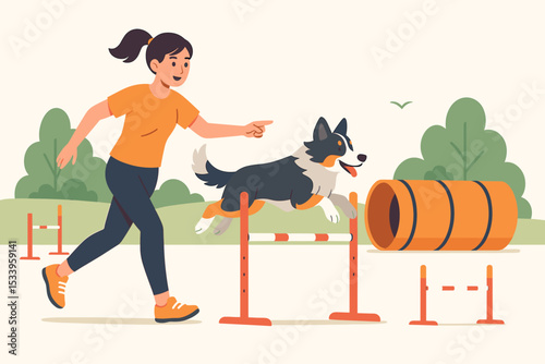 Dog agility training concept with a woman handler and her pet. Active Border Collie jumping a hurdle on an obstacle course. Canine sport competition and outdoor park activity.