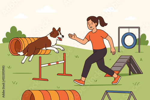 Dog agility training illustration. Woman owner with pet on an obstacle course. Border Collie jumping over hurdle. Canine sport competition, outdoor activity, obedience concept.