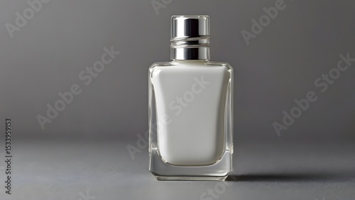 A sleek, silvertopped perfume bottle, filled with a creamy white fragrance, sits elegantly on a gray surface